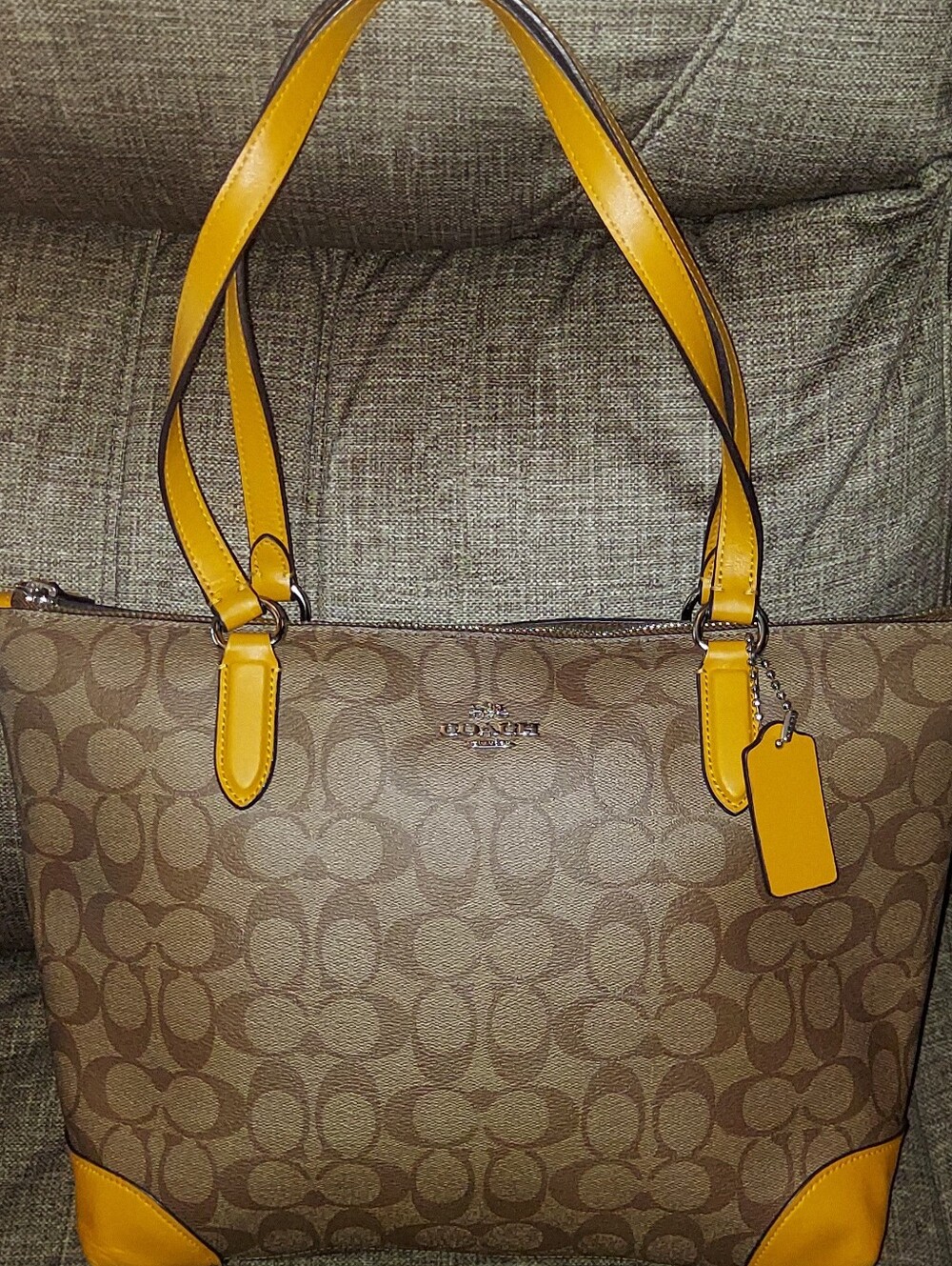 Coach Brown Signature Canvas Tote with Yellow Leather Accents F29208